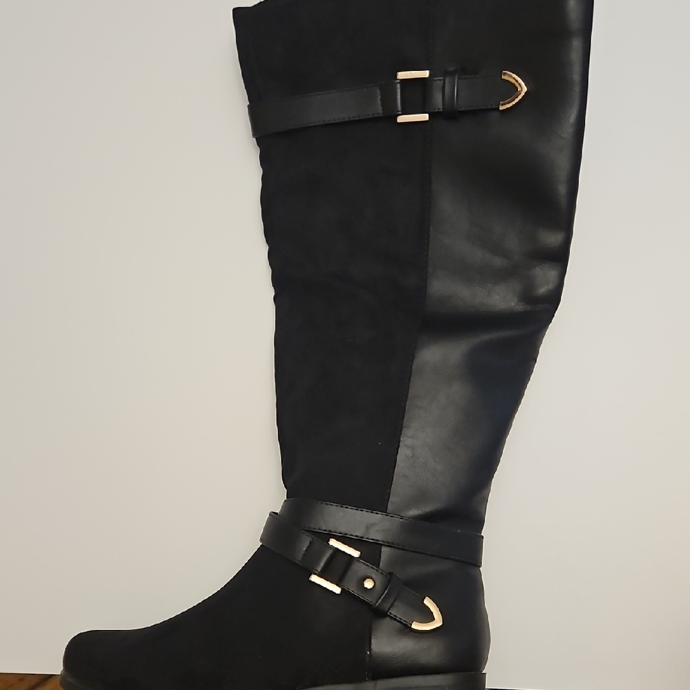JustFab Black Over the Knee Boots with Gold Buckle